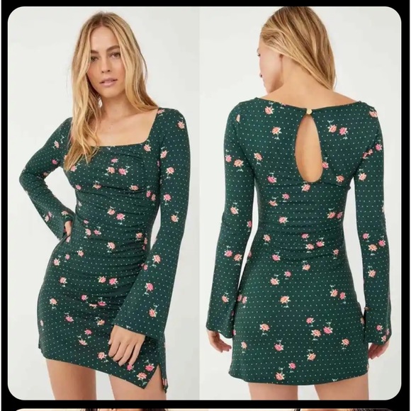 🆕 FREE PEOPLE Celia Floral Square Neck Long Sleeve Dress - Picture 2 of 5
